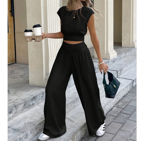 Solid Tie Back Scoop Neck Crop Top Wide Leg Pants Set - Picture 1 of 8